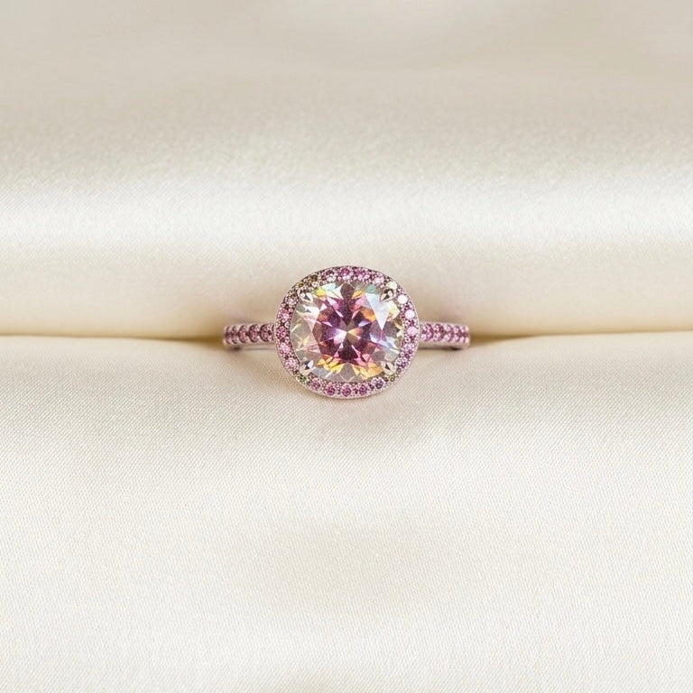 Pink Iridescent Halo Ring in 925 Sterling Silver with Brilliant Zirconia