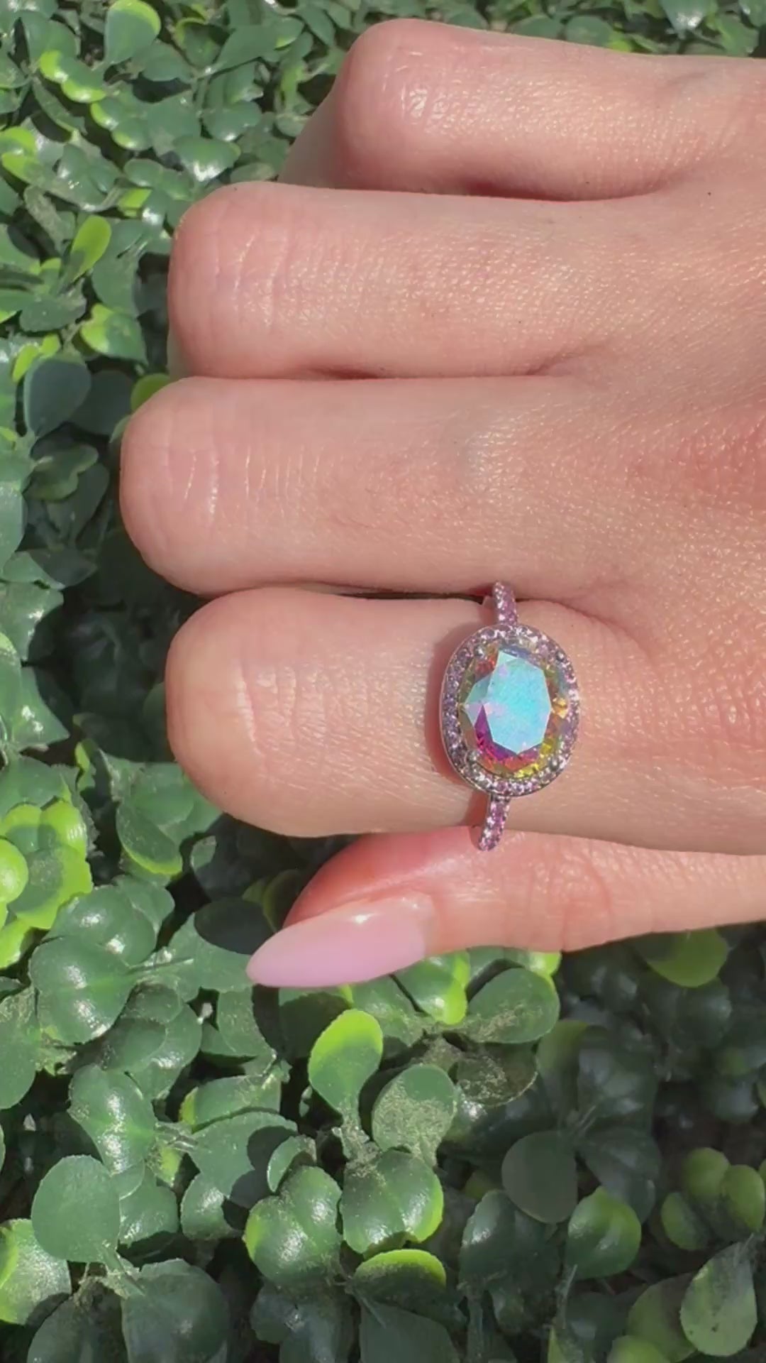 Pink Iridescent Halo Ring in 925 Sterling Silver with Brilliant Zirconia